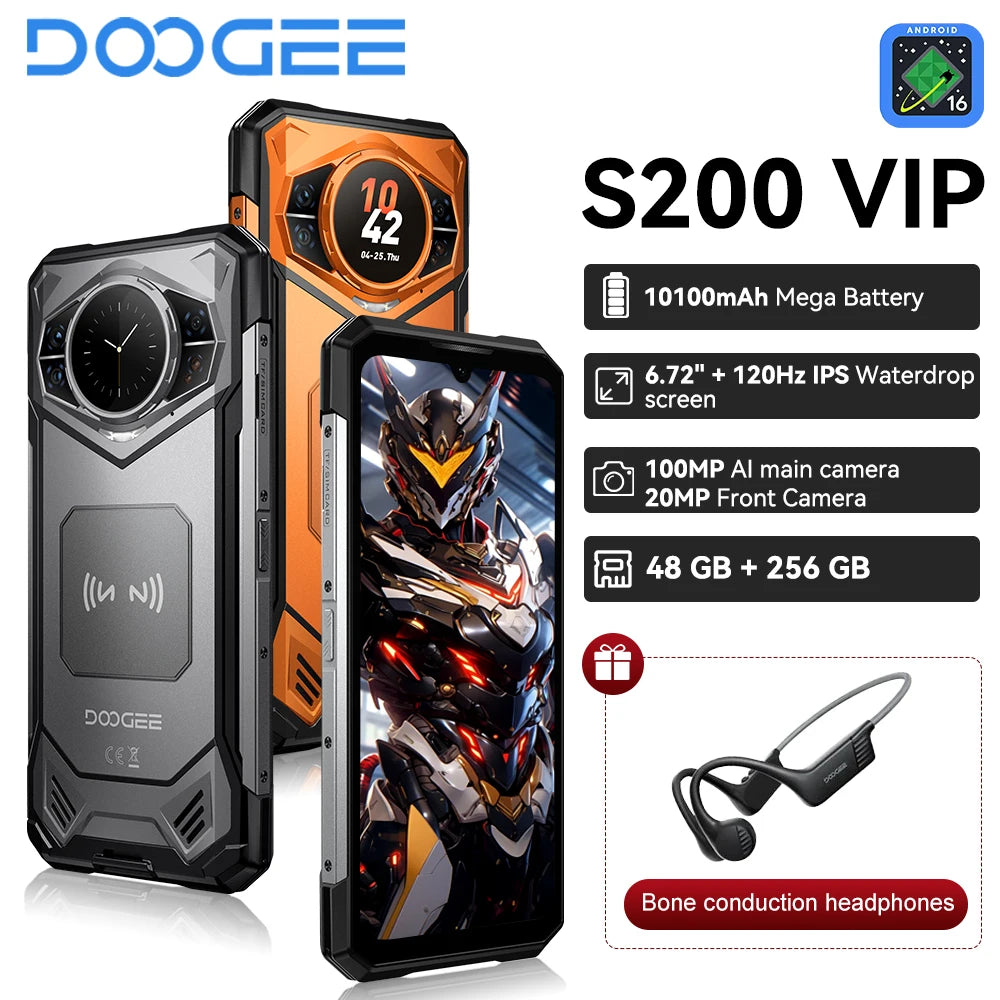 DOOGEE S200 VIP Edition Rugged Phone 6.72" 120Hz Display Telephone Portable 48GB+256GB 10100mAh 100MP Smartphone 5G Android 16