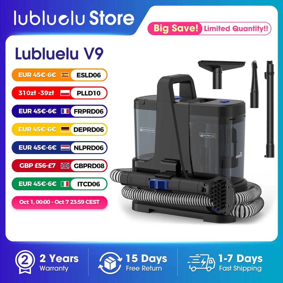 Lubluelu V9 Carpet Cleaner 100°C Steam Kills 99.9% Germs Mites Hot Water Removes Stubborn Stains Cleans Rugs Sofas Mattresses 15000 Pa