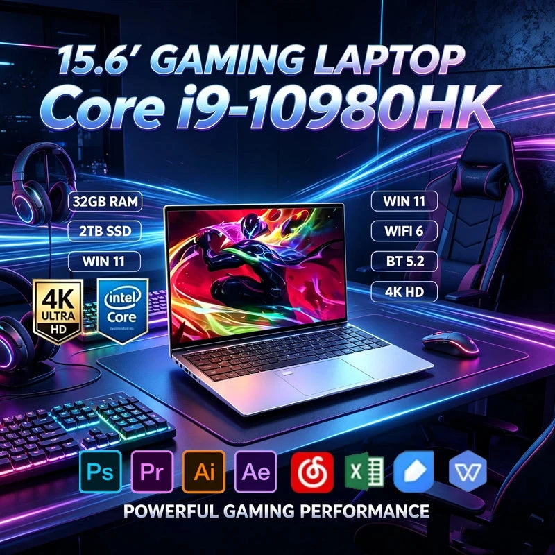 New 15.6" Laptop Intel Core I9-10980HK 32GB DDR4 2TB M.2 SSD Win11 Pro Fingerprint Unlock WiFi6 BT5.2 4K HD Gaming Ultrabook