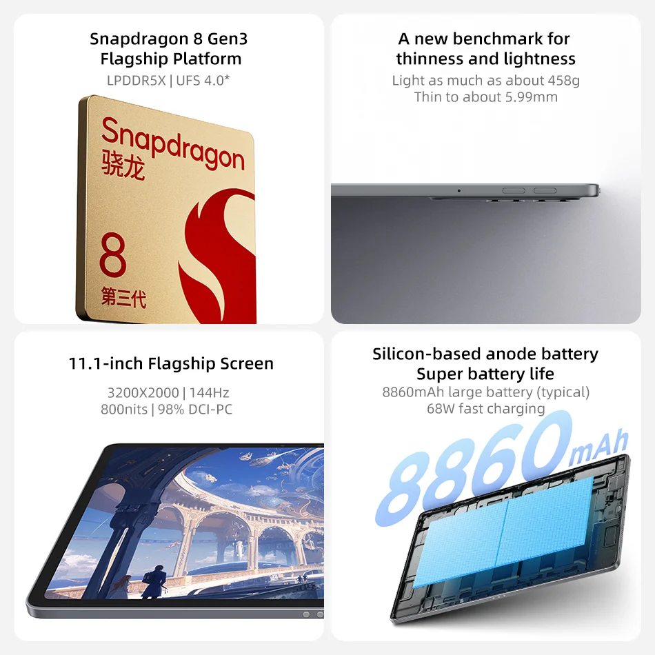 Lenovo Xiaoxin Pad Pro GT 11.1'' Tablet 128GB 256GB Snapdragon 8 Gen3 144Hz 3.2K LCD Display13MP Camera 8860mAh 68W Charging
