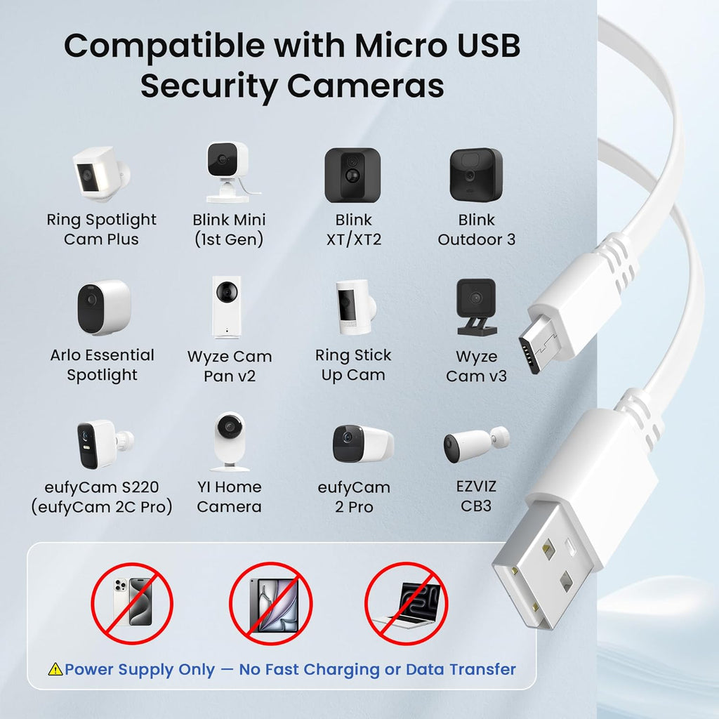 Micro USB Extension Cable 20FT 2Pack,Flat USB to Micro Long Charging Power Extender Cord Wire Replacement for Security Camera,Blink Mini/Xt2/Outdoor 3,Wyze Cam V4/Og,Eufy,Ring Spotlight Plus