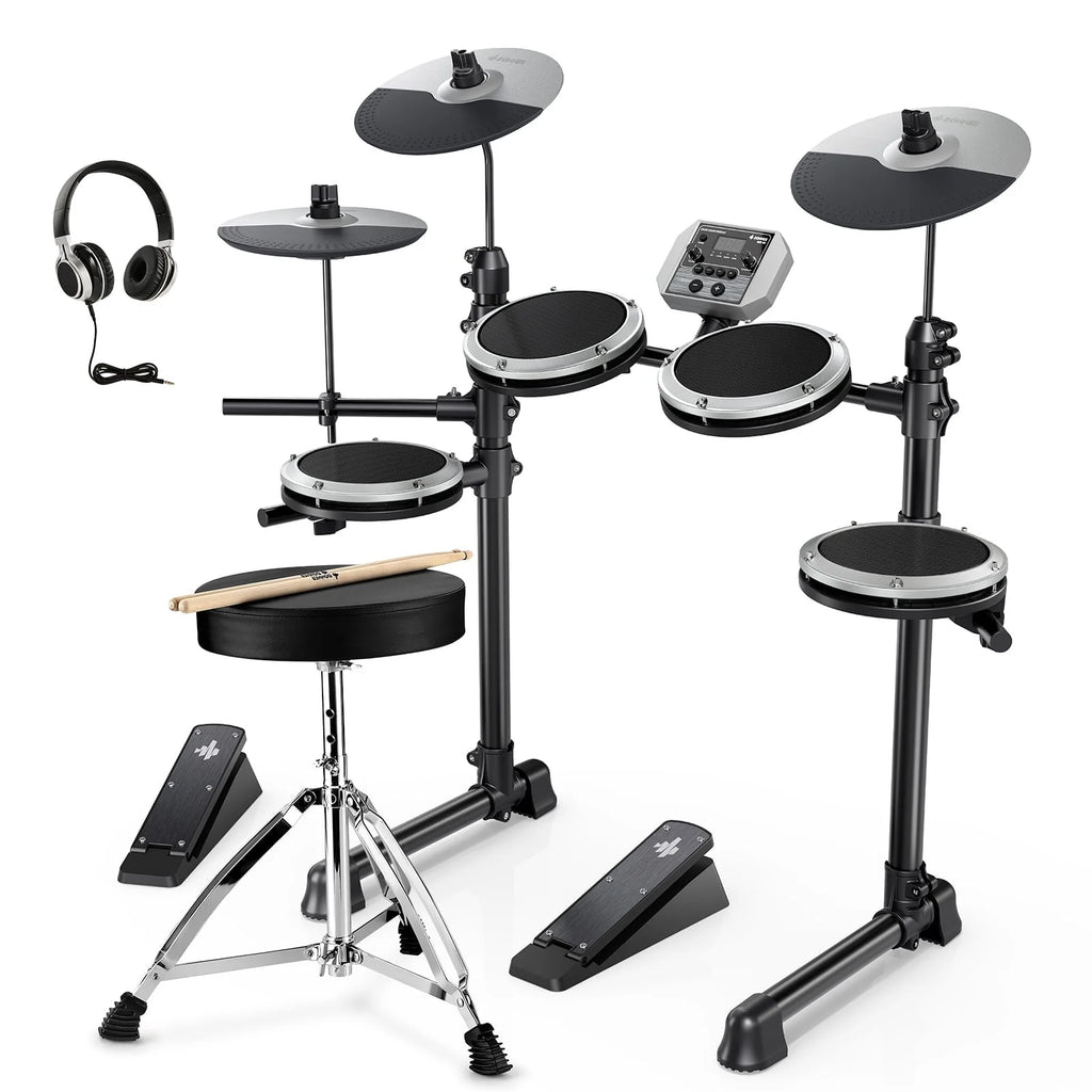 Juego De Batería Eléctrica Para Principiantes Con Más De 180 Sonidos, Kit De Batería Electrónica Silencioso De Malla Para Niños Y Estudiantes Con Pedales De Alta Resistencia, Audífonos On-Ear, DED-80 Gris