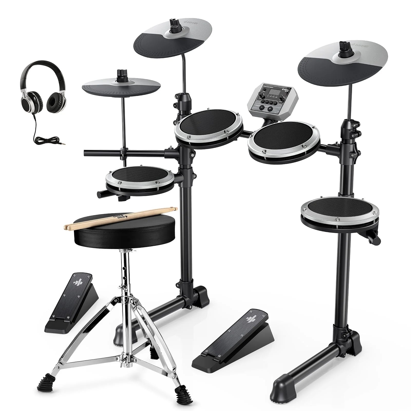 Juego De Batería Eléctrica Para Principiantes Con Más De 180 Sonidos, Kit De Batería Electrónica Silencioso De Malla Para Niños Y Estudiantes Con Pedales De Alta Resistencia, Audífonos On-Ear, DED-80 Gris