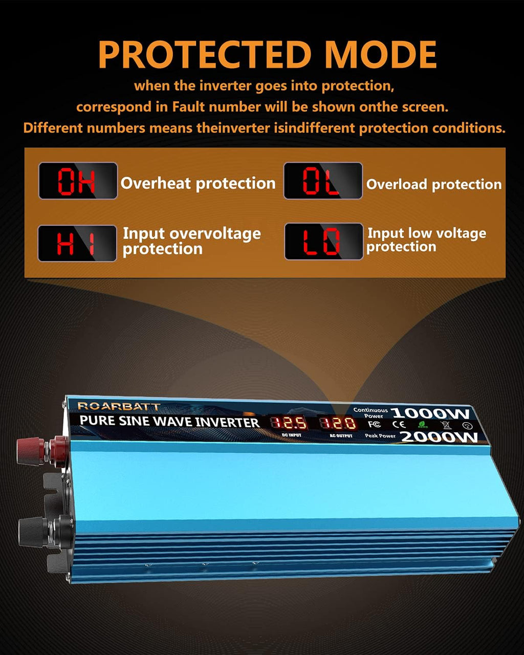 Power Inverters Pure Sine Wave 1000 Watt 12V DC to 110V/120V AC Converter 2 AC Outlets Car Inverter with 3.4A USB Port Cooling Fans and LCD Display