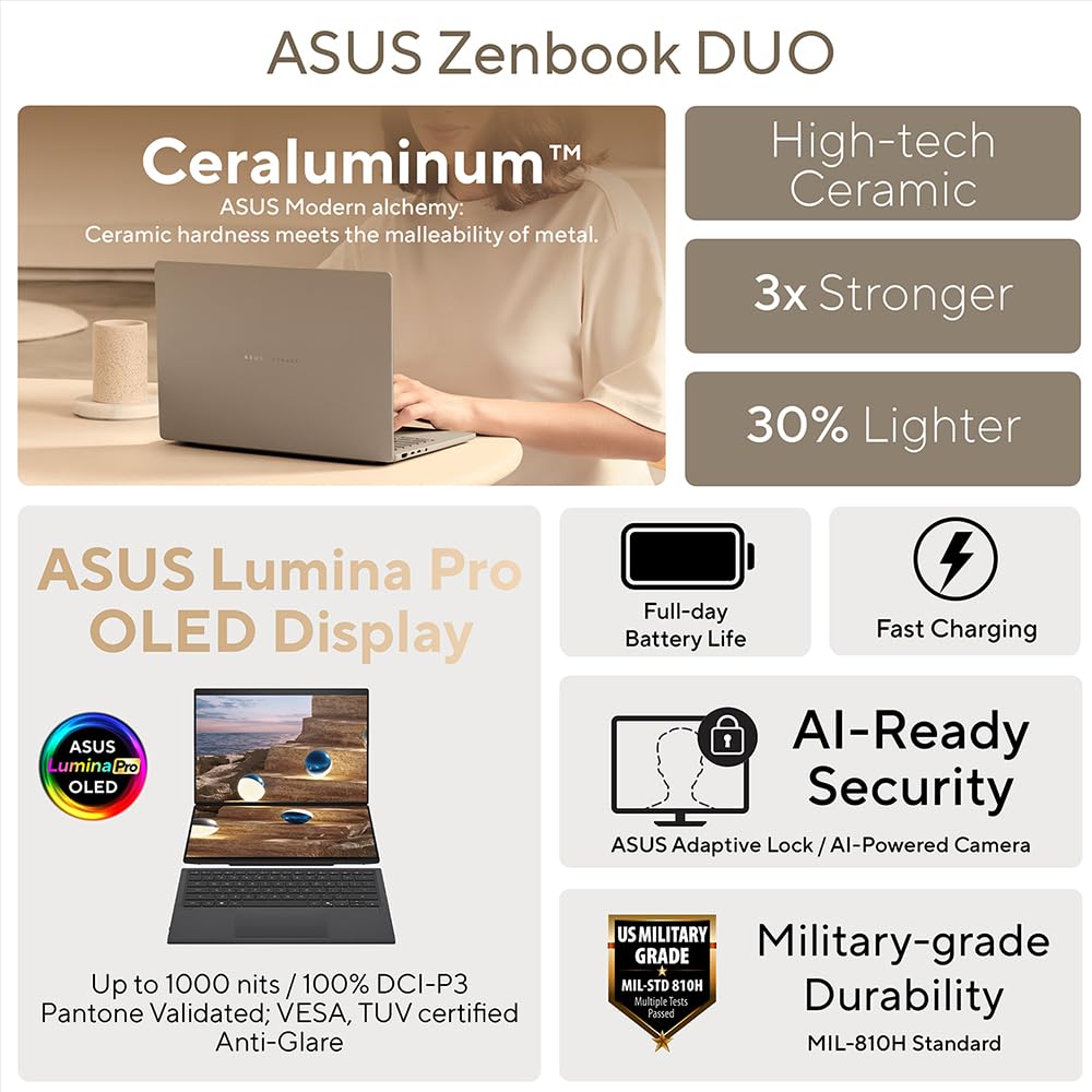 ASUS Zenbook Duo 14 OLED UX8406CA laptop | 14.0" 120Hz 3K dual-touchscreen | Intel Core Ultra 9-285H | 32GB RAM | 2TB SSD | Detachable keyboard | Windows 11