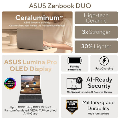 ASUS Zenbook Duo 14 OLED UX8406CA laptop | 14.0" 120Hz 3K dual-touchscreen | Intel Core Ultra 9-285H | 32GB RAM | 2TB SSD | Detachable keyboard | Windows 11