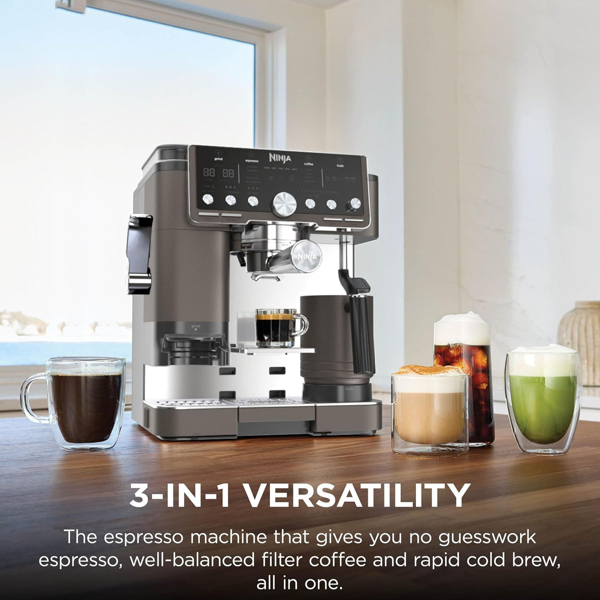 Ninja Luxe Pro 3-in-1 Coffee Machine, Latte, Cappuccino, Cold Brew & Espresso Maker With Built in Bean Grinder & Milk Frother, Easy to Use, 5 Automated Froth Presets, Bronze, ES701UKBR
