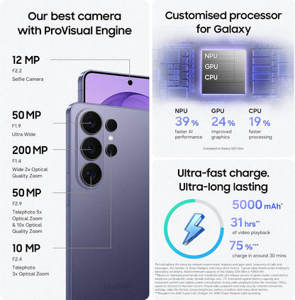 Samsung Galaxy S26 Ultra AI Phone, Privacy Display, Snapdragon AP, 200MP Camera, 12 GB Memory, 512 GB Storage, 5000 mAh Battery, Galaxy AI, Cobalt Violet, 3 Year Extended Warranty (UK Version)
