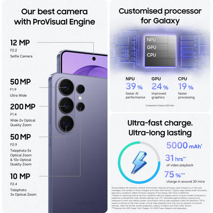 Samsung Galaxy S26 Ultra AI Phone, Privacy Display, Snapdragon AP, 200MP Camera, 12 GB Memory, 512 GB Storage, 5000 mAh Battery, Galaxy AI, Cobalt Violet, 3 Year Extended Warranty (UK Version)