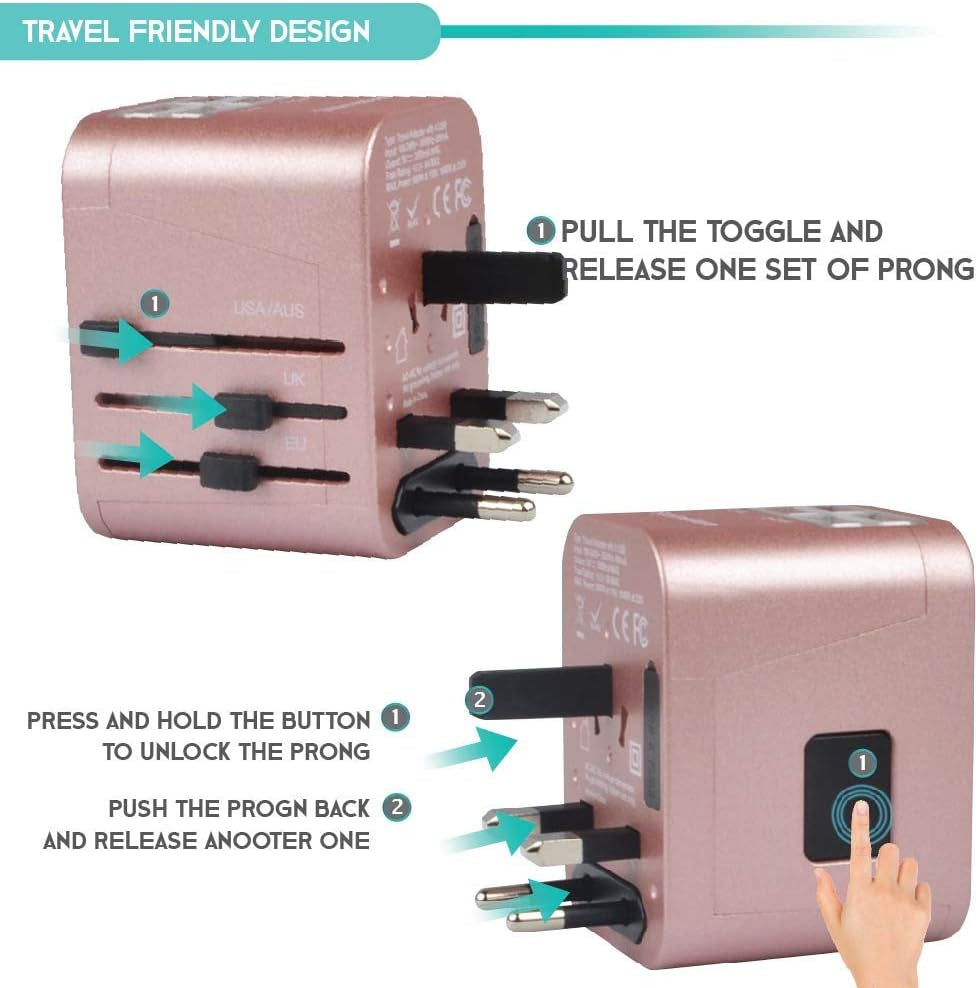 Universal Travel Adapter International All in One Plug (Rose Gold)- W/4 USB Ports Work - 150+ Countries - 220 Volt - Type C a G I for UK Japan Germany France EU European