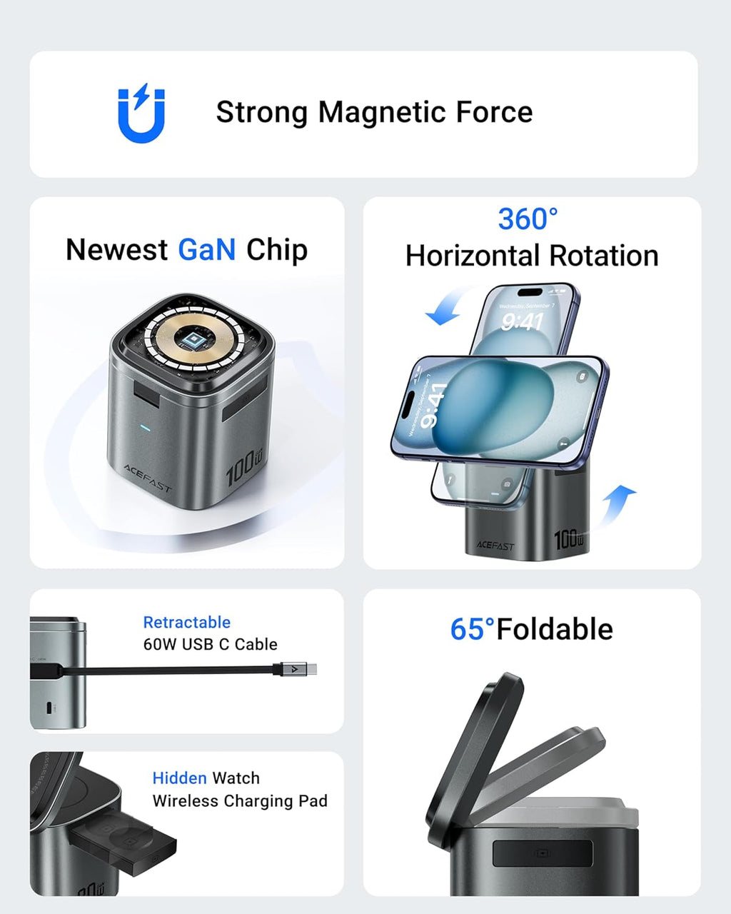 ACEFAST 6-in-1 100W GaN Fast Charging Station for iPhone 17 16 Series,with USB C Retractable Cable,Qi2 25W Magnetic Wireless Charger Desktop Stand for iWatch/for Samsung Galaxy Watch/Airpods