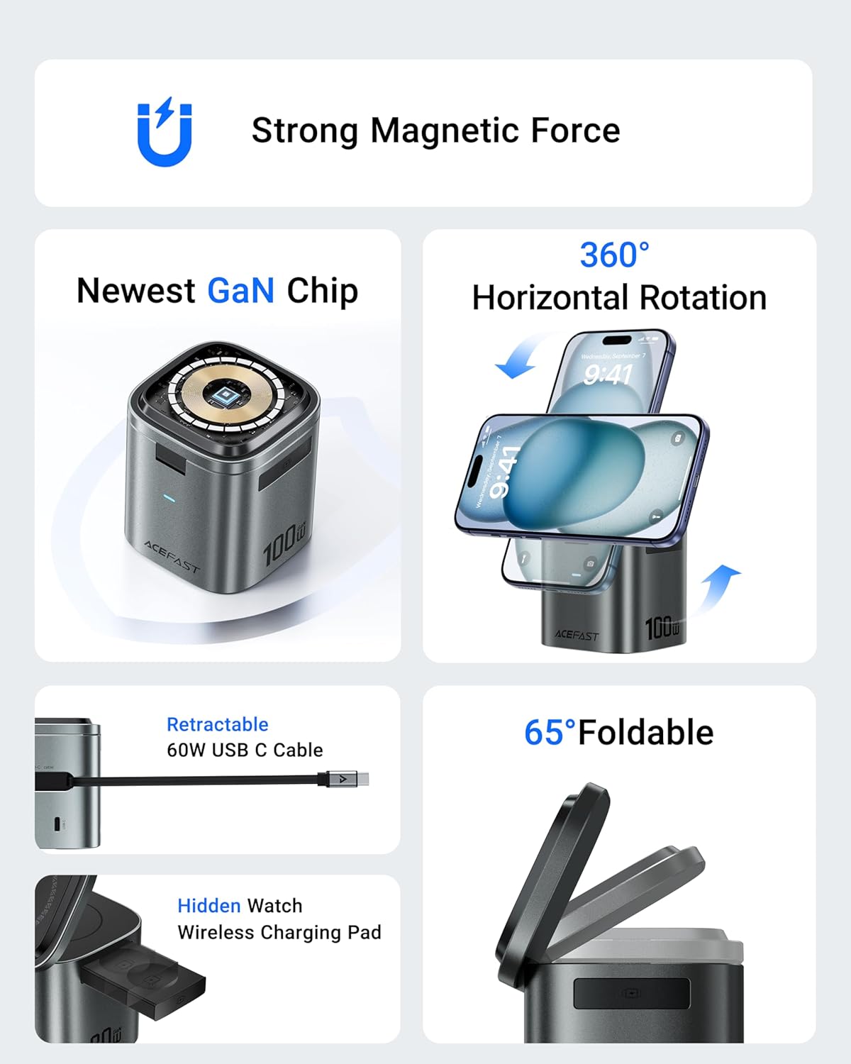 ACEFAST 6-in-1 100W GaN Fast Charging Station for iPhone 17 16 Series,with USB C Retractable Cable,Qi2 25W Magnetic Wireless Charger Desktop Stand for iWatch/for Samsung Galaxy Watch/Airpods