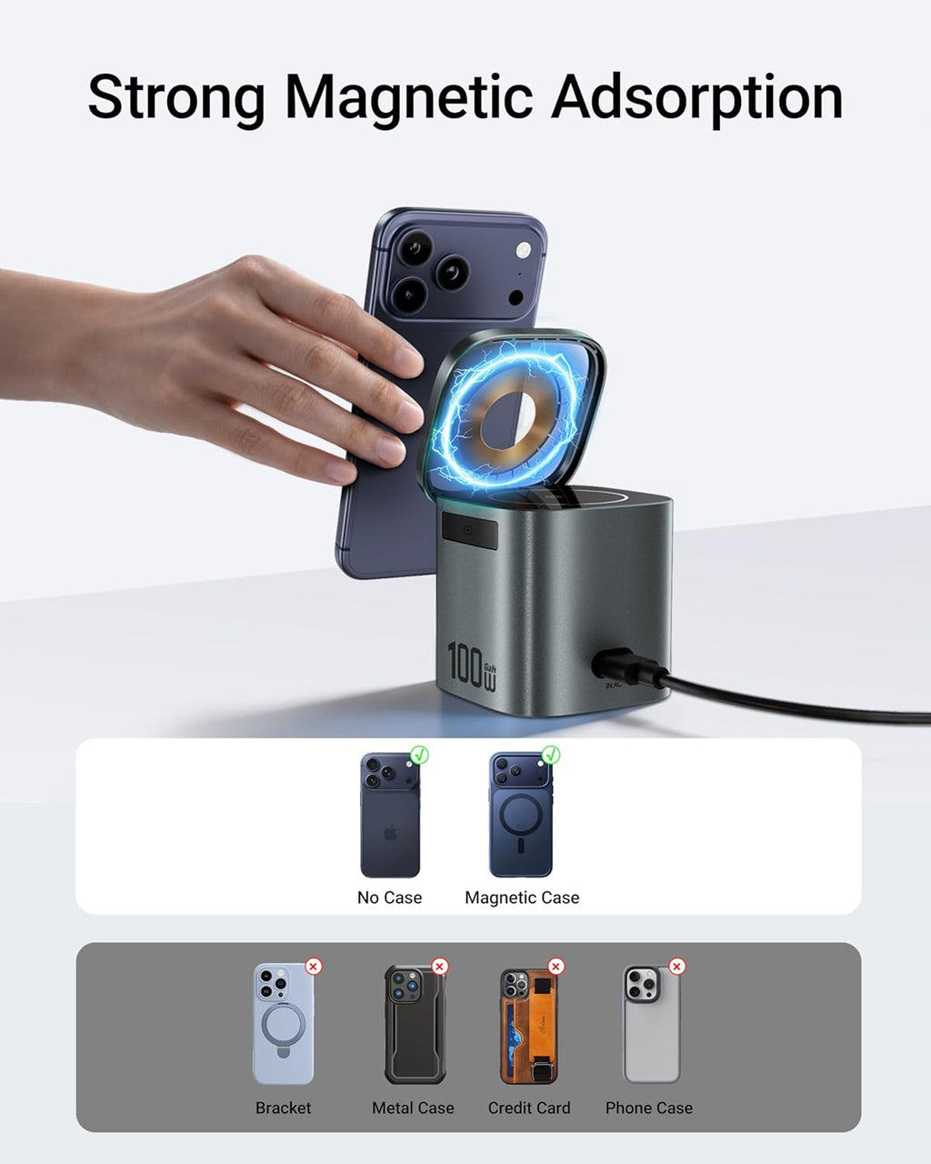 ACEFAST 6-in-1 100W GaN Fast Charging Station for iPhone 17 16 Series,with USB C Retractable Cable,Qi2 25W Magnetic Wireless Charger Desktop Stand for iWatch/for Samsung Galaxy Watch/Airpods