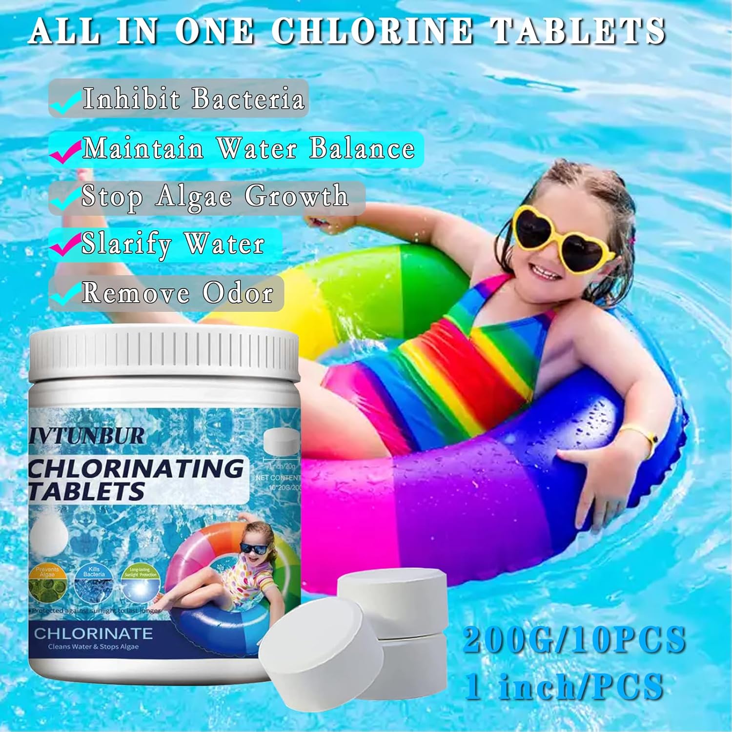 Chlorine Tablets for Hot Tub with Floating Dispenser - 1 Inch Chlorine Tablet for Swimming Pool Paddling Pool Ice Bath Multifunction Chlorine Tablets