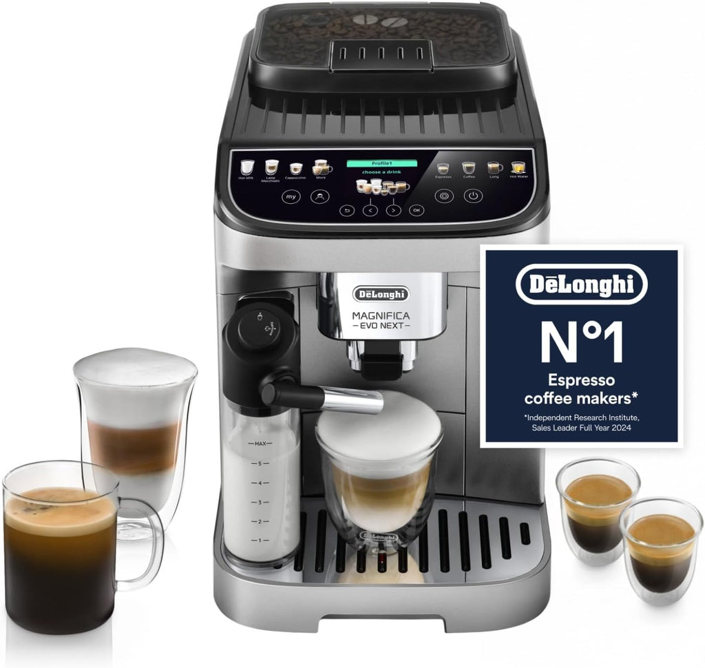 De’Longhi Magnifica Evo Next - Perfetto Automatic Coffee Machine with LatteCrema Automatic Milk Frothing, 13 One-Touch Drinks, Colour Touch Display, Silver Black (ECAM310.80.SB)