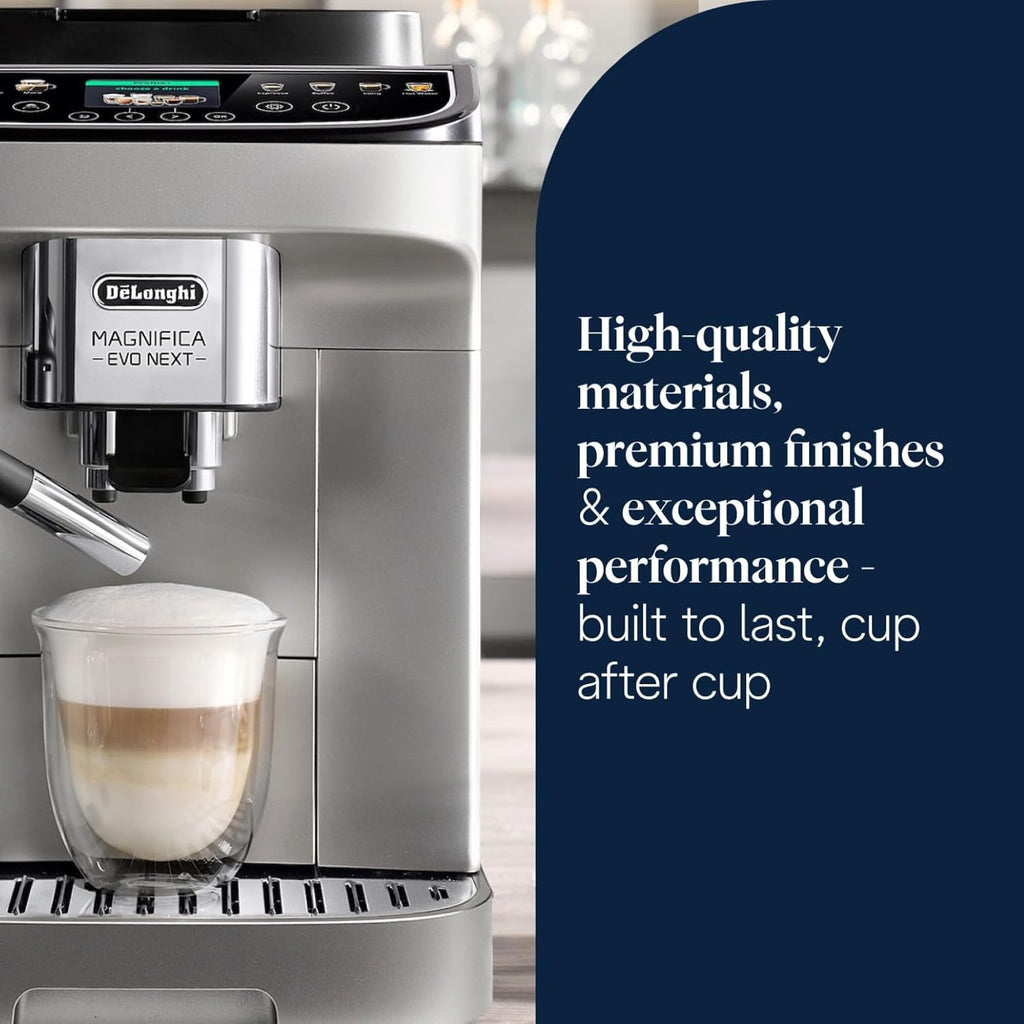 De’Longhi Magnifica Evo Next - Perfetto Automatic Coffee Machine with LatteCrema Automatic Milk Frothing, 13 One-Touch Drinks, Colour Touch Display, Silver Black (ECAM310.80.SB)