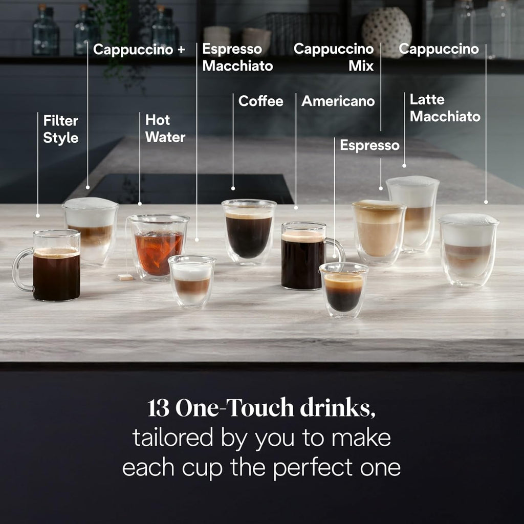 De’Longhi Magnifica Evo Next - Perfetto Automatic Coffee Machine with LatteCrema Automatic Milk Frothing, 13 One-Touch Drinks, Colour Touch Display, Silver Black (ECAM310.80.SB)