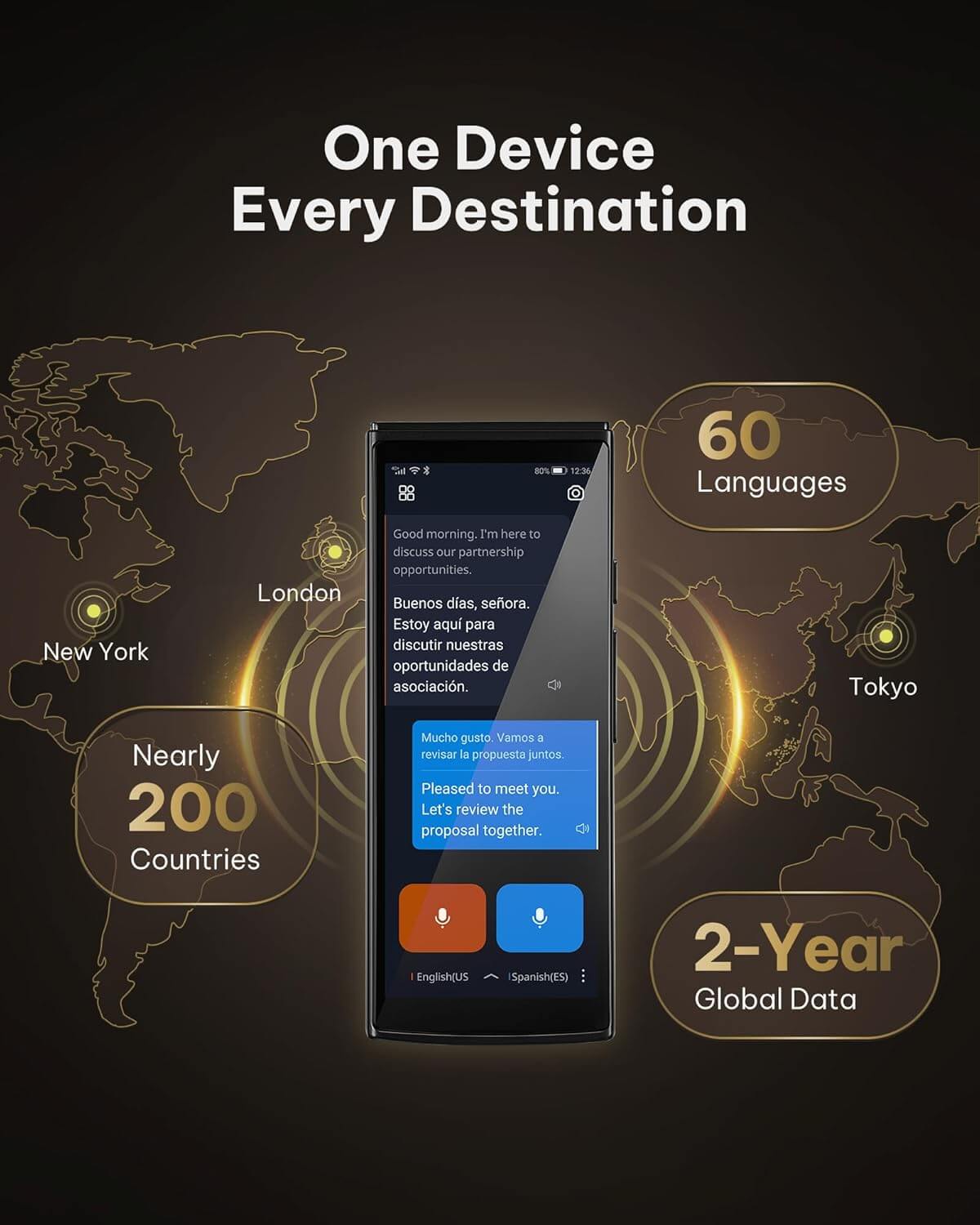 AI Language Translator Device — 2-Year Free Global Data & Real-Time Voice Translation Device, HIPAA-Compliant, 60 Languages & 18 Offline Packs for Business and Travel, Black
