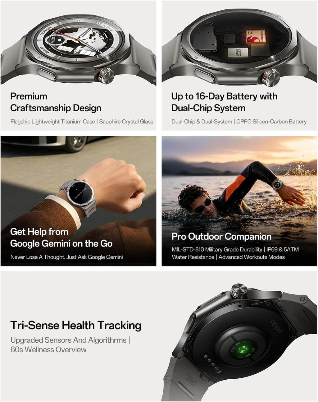OPPO Watch X3 features showcase premium design, health tracking, and dual-chip battery technology.