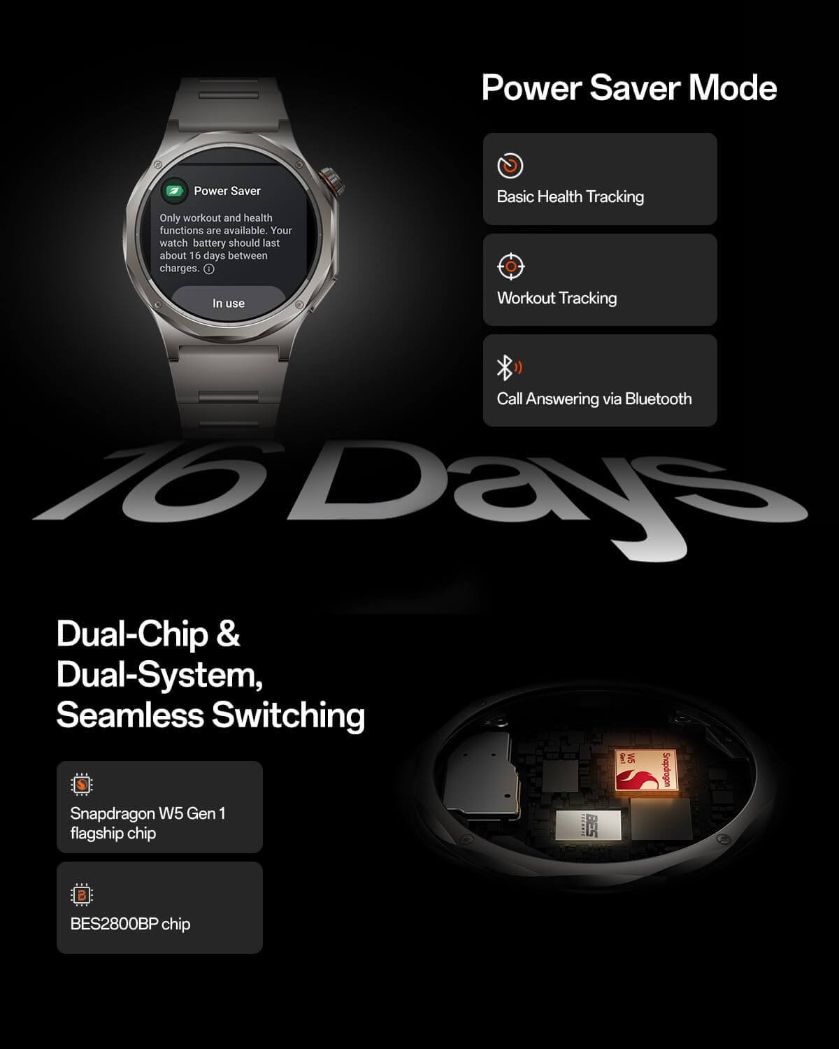 OPPO Watch X3 features Power Saver Mode with dual-chip system and health tracking options.
