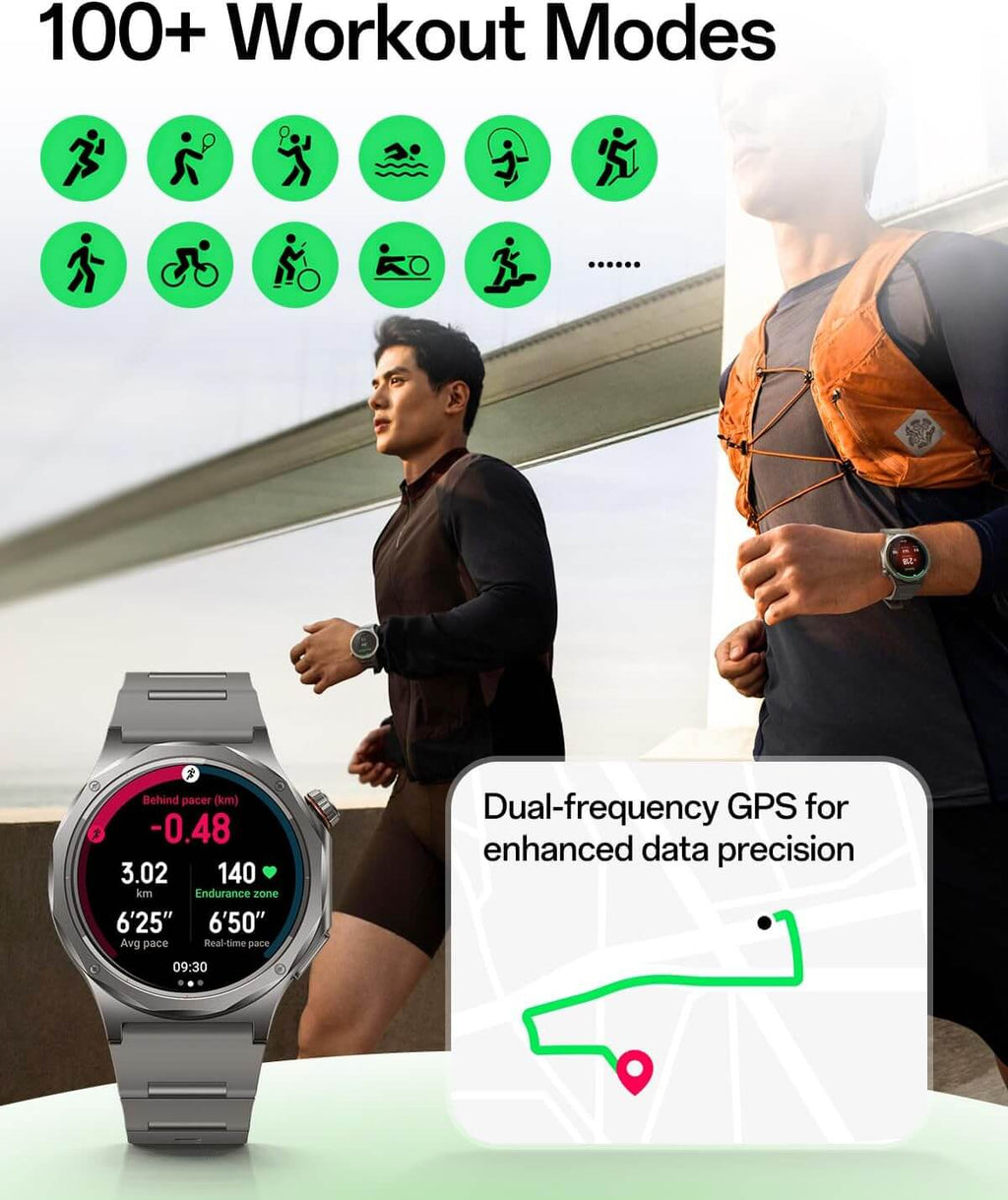 OPPO Watch X3 features showcasing 100+ workout modes and dual-frequency GPS for enhanced data precision.