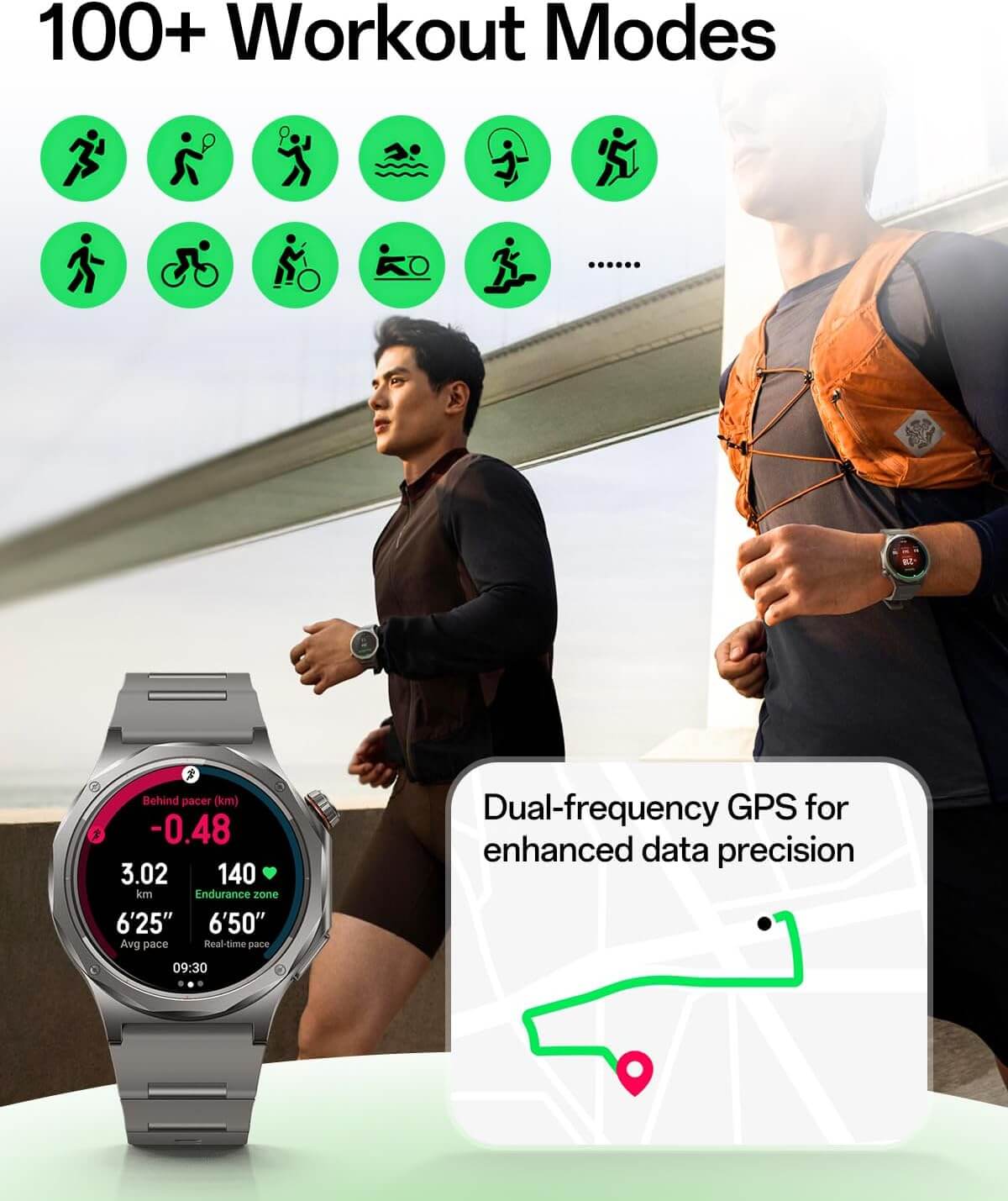 OPPO Watch X3 features showcasing 100+ workout modes and dual-frequency GPS for enhanced data precision.