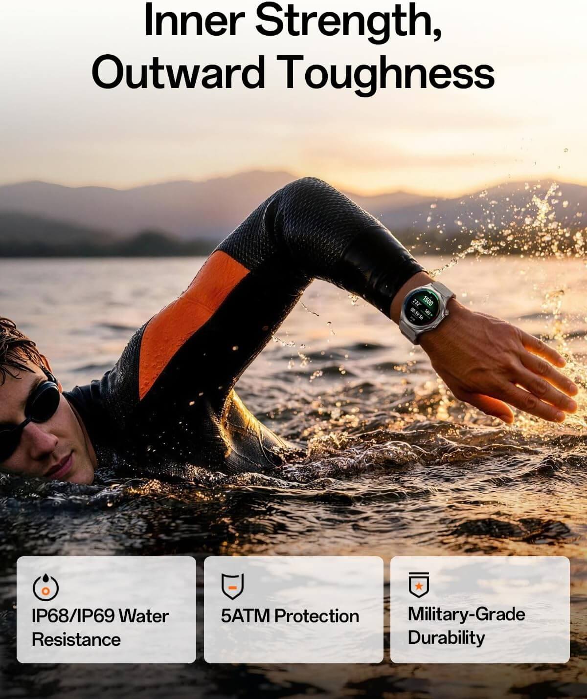 OPPO Watch X3 features showcased by a swimmer demonstrating durability and performance in water