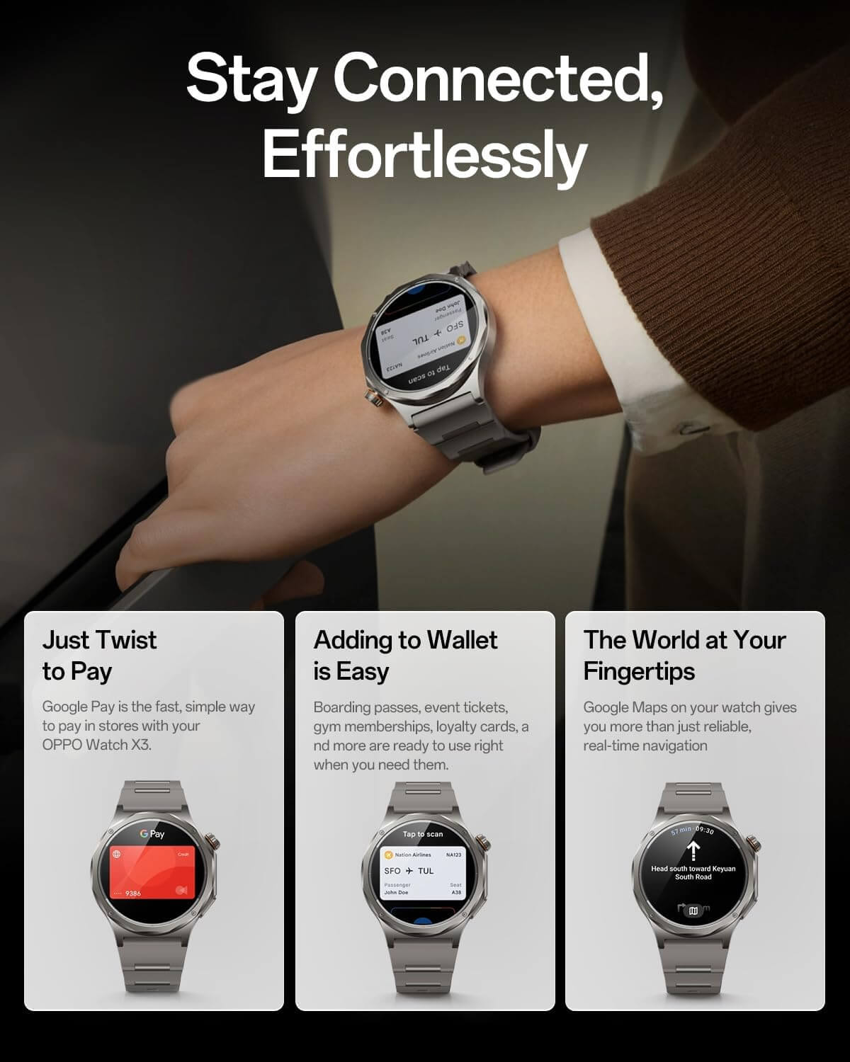OPPO Watch X3 features smartwatch displaying payment and navigation options on screen.