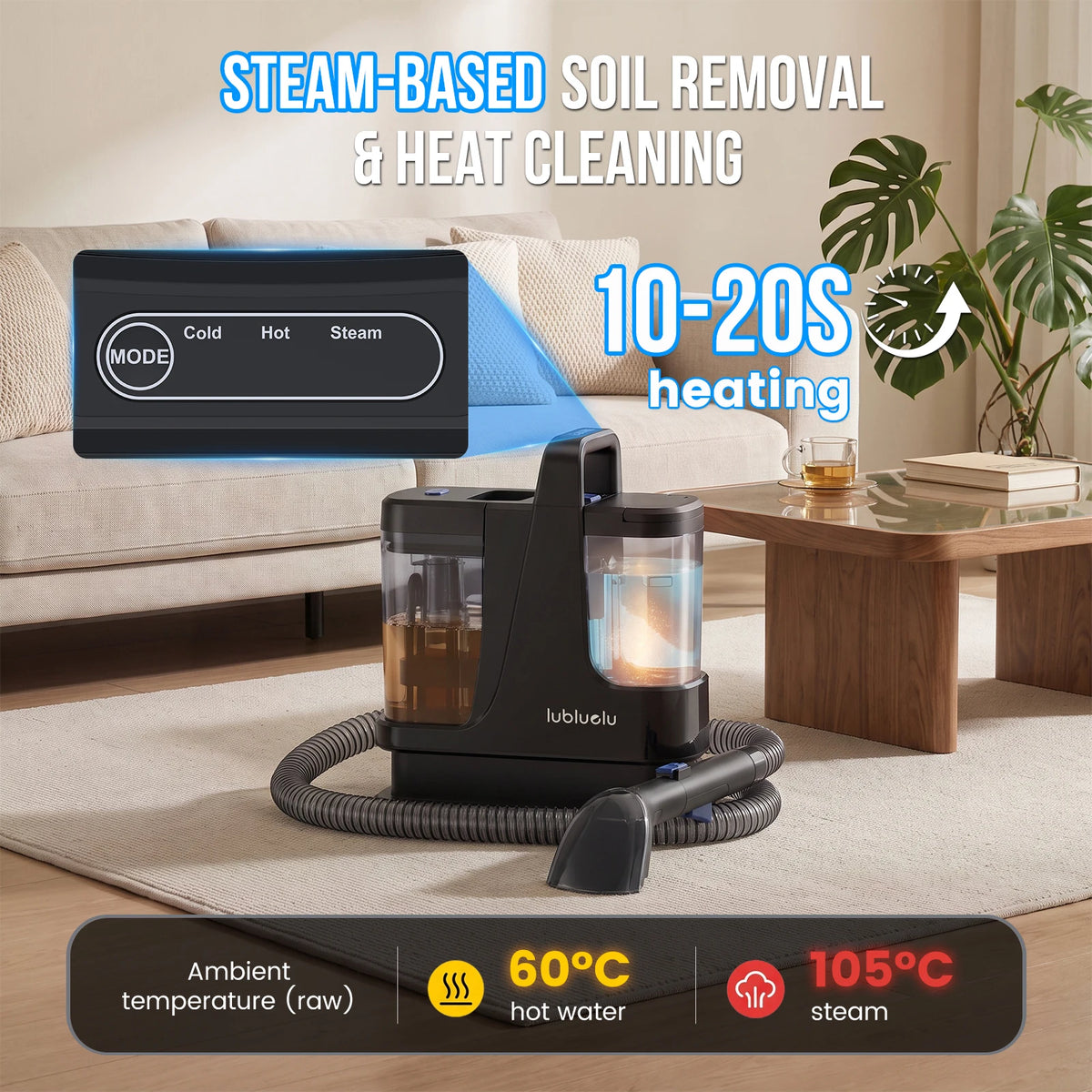 Lubluelu V9 Carpet Cleaner 100°C Steam Kills 99.9% Germs Mites Hot Water Removes Stubborn Stains Cleans Rugs Sofas Mattresses 15000 Pa