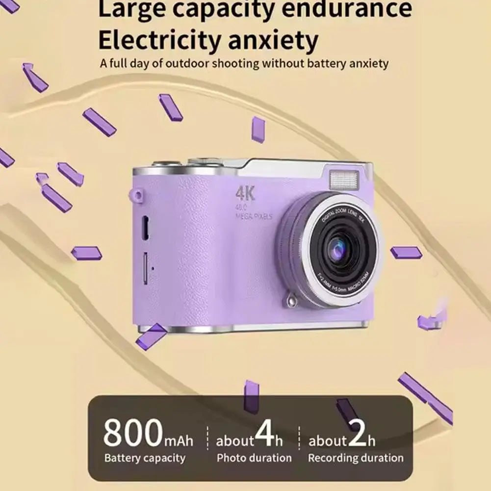 4K Digital Camera 48MP CCD 180° Flip Screen Selfie 8X Zoom Portable with 32G Card Clear Shots for Travel Daily Use Easy ﻿