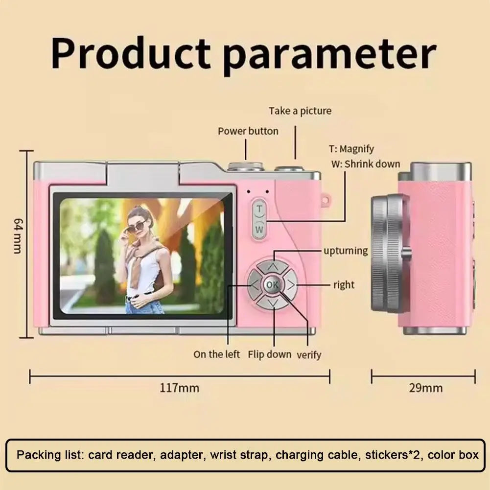 4K Digital Camera 48MP CCD 180° Flip Screen Selfie 8X Zoom Portable with 32G Card Clear Shots for Travel Daily Use Easy ﻿