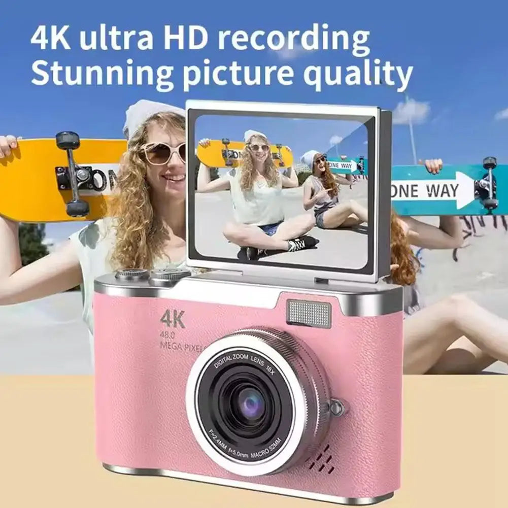 4K Digital Camera 48MP CCD 180° Flip Screen Selfie 8X Zoom Portable with 32G Card Clear Shots for Travel Daily Use Easy ﻿