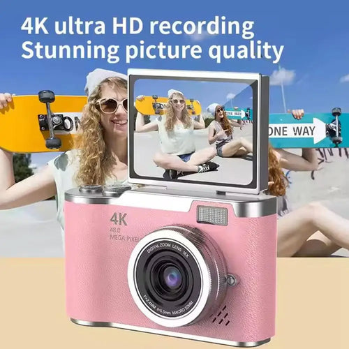 4K Digital Camera 48MP CCD 180° Flip Screen Selfie 8X Zoom Portable with 32G Card Clear Shots for Travel Daily Use Easy ﻿