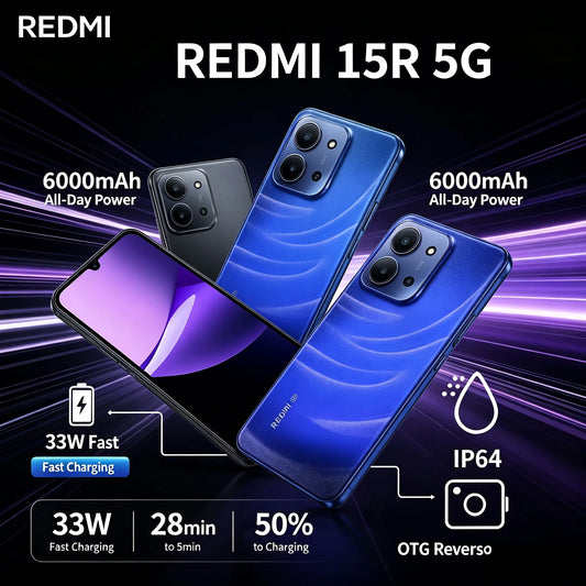 2026 New Redmi 15R 8+256GB Mobile Phone - Unlocked Dual SIM 6.9' LCD+ Dimensity 6300 13MP Camera 6000mAh Battery