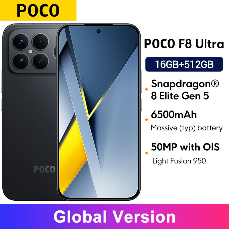 Global Version POCO F8 Ultra Snapdragon 8 Elite Gen 5 Smartphone 50MP camera 6.9" 120Hz display 6500mAh battery NFC