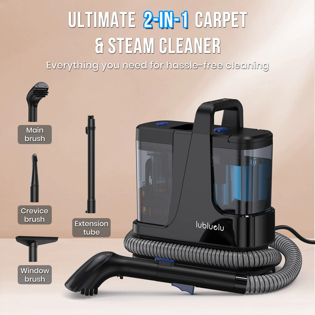 Lubluelu V9 Carpet Cleaner 100°C Steam Kills 99.9% Germs Mites Hot Water Removes Stubborn Stains Cleans Rugs Sofas Mattresses 15000 Pa
