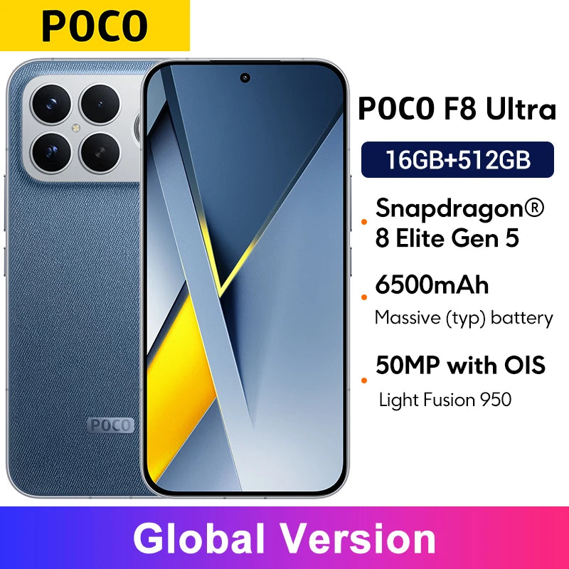 Global Version POCO F8 Ultra Snapdragon 8 Elite Gen 5 Smartphone 50MP camera 6.9" 120Hz display 6500mAh battery NFC
