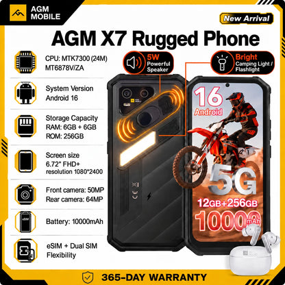 AGM X7 5G Rugged Phone 12GB+256GB 10000mAh Android 16 Phone 6.72" NFC Loudspeaker ESIM 64MP CAM Wireless Charging Cell Phone
