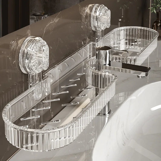 Bathroom Shelf Suction Cup Wall Mount Shower Shelf Over Faucet Sink Rack Shampoo Holder No Drill Drain Basket Bathroom Organizer