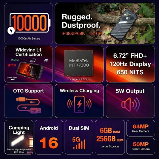 AGM X7 5G Rugged Phone 12GB+256GB 10000mAh Android 16 Phone 6.72" NFC Loudspeaker ESIM 64MP CAM Wireless Charging Cell Phone