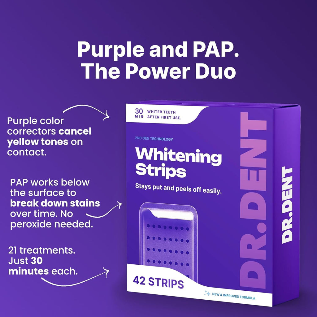 DRDENT Purple Teeth Whitening Strips 21 Treatments - Safe for Enamel - Non Sensitive Teeth Whitening - Whitening Without Any Harm - Pack of 42 Strips + Mouth Opener Included