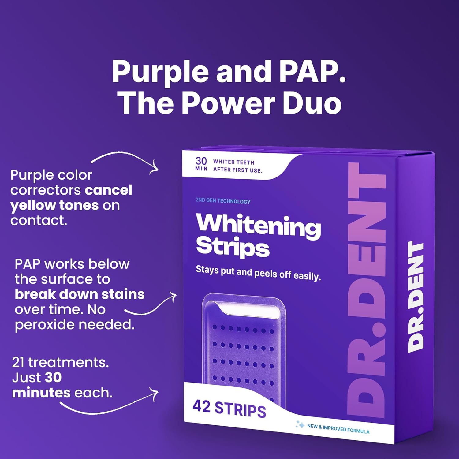 DRDENT Purple Teeth Whitening Strips 21 Treatments - Safe for Enamel - Non Sensitive Teeth Whitening - Whitening Without Any Harm - Pack of 42 Strips + Mouth Opener Included