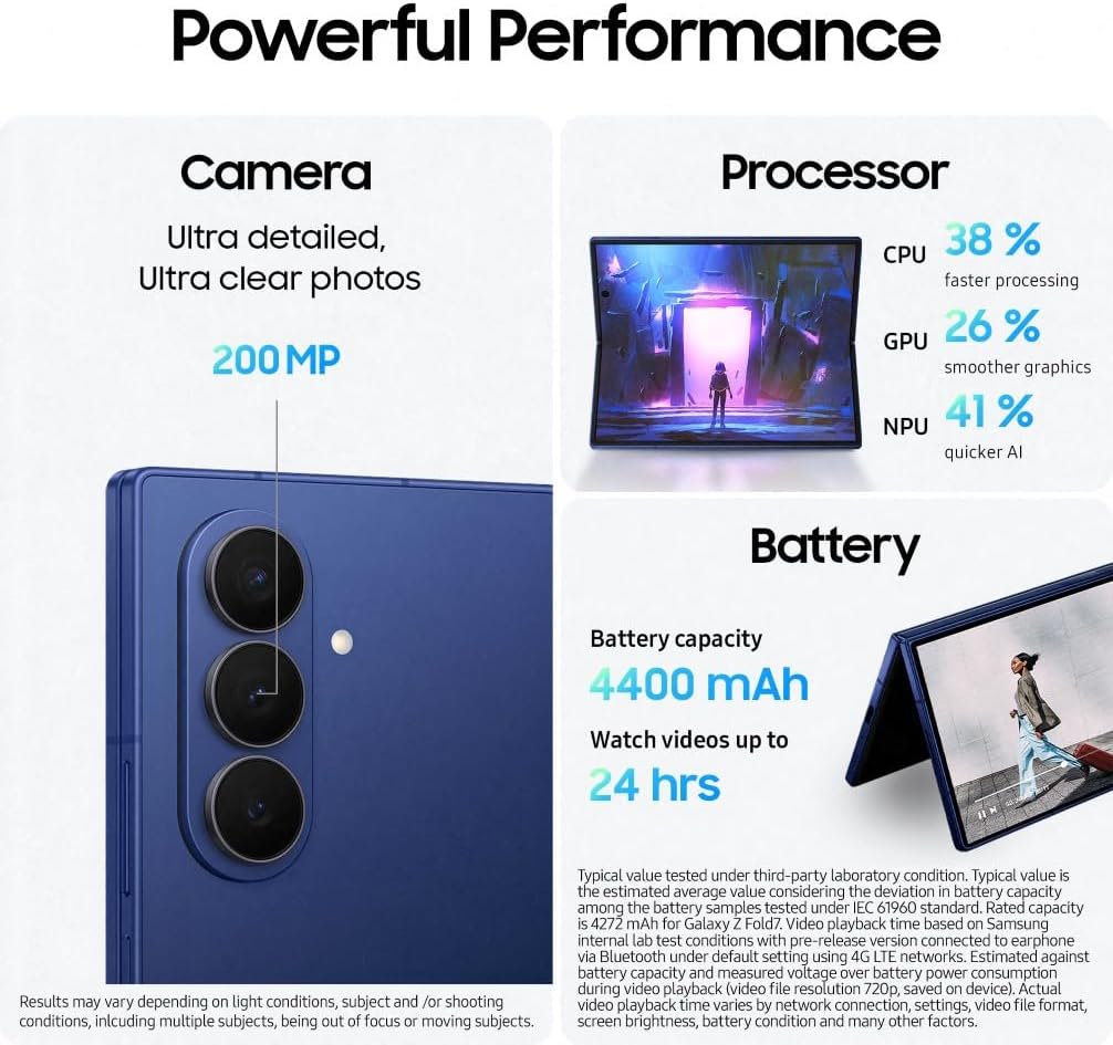 Samsung Galaxy Z Fold7 AI Phone, Thin and Light Foldable Design, Large Screen, 200MP Camera, 512GB Storage, 12GB Memory, 4400 mAh Battery, Blue Shadow,
