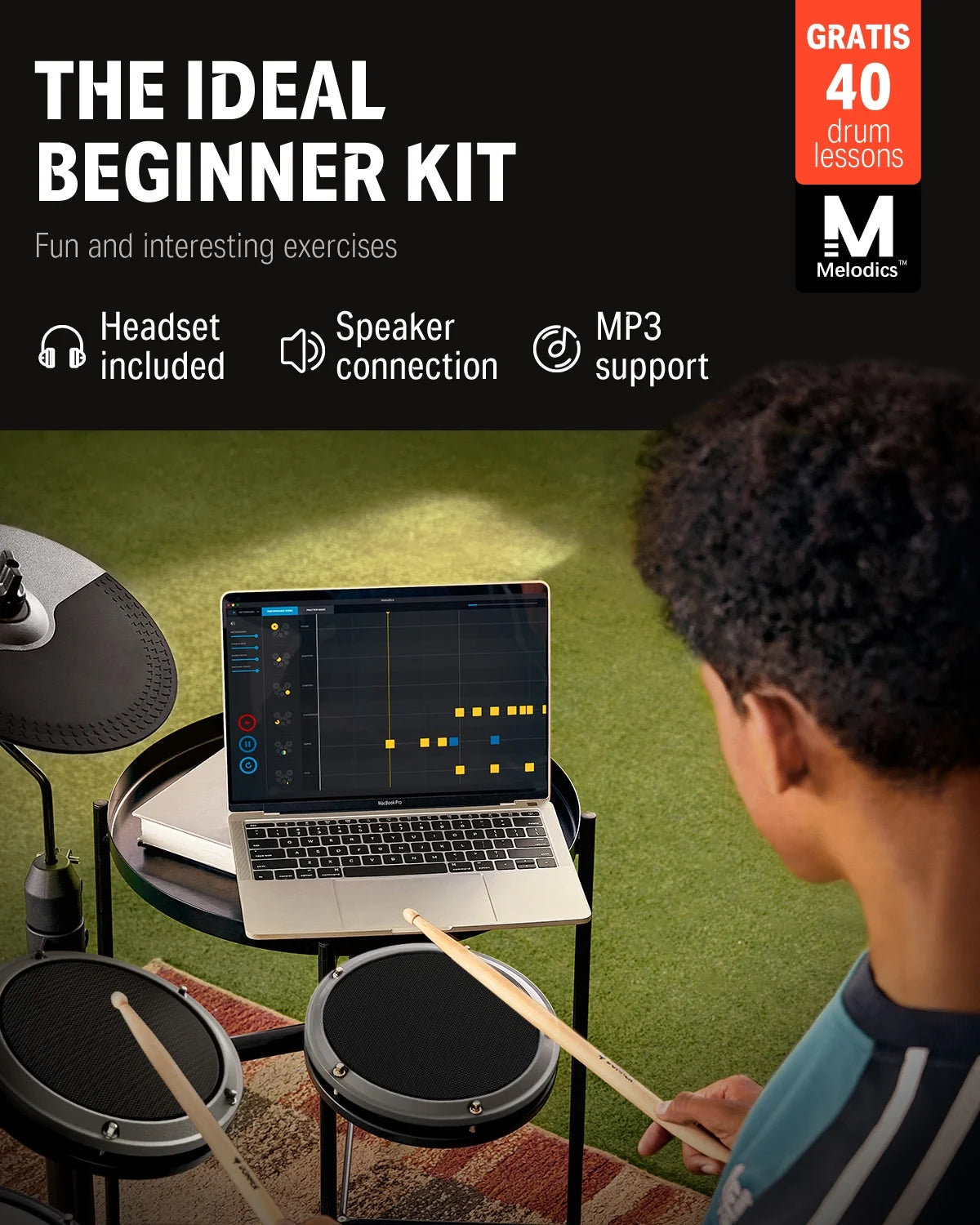 Juego De Batería Eléctrica Para Principiantes Con Más De 180 Sonidos, Kit De Batería Electrónica Silencioso De Malla Para Niños Y Estudiantes Con Pedales De Alta Resistencia, Audífonos On-Ear, DED-80 Gris